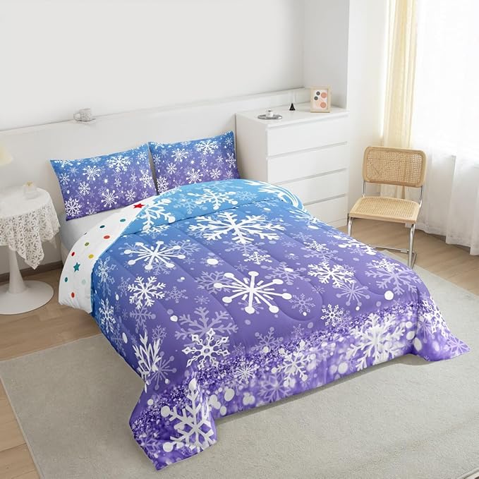 Feelyou Blue and Purple Snowflake Bedding Set Soft for Boys Girls, Winter Snowflake Comforter Set Toddler Size Christmas Duvet Quilt Holiday New Year Bedroom Decor 2 Pcs with 1 Pillow Cases