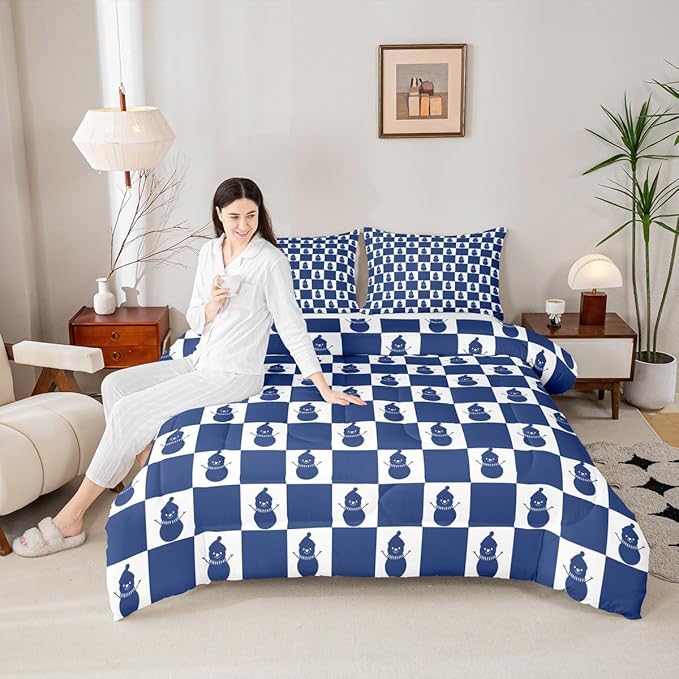 Feelyou Christmas Comforter Set All Season Checkered Bedding Set with 2 Pillow Cases Snowman Kids Queen Bedclothes Xmas Decorations Bedroom Decor Blue Duvet Quilt Breathable Soft Lightweight