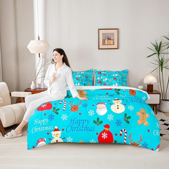 Christmas Deer Comforter Set With Sheets 7 Piece King Size Cute Gingerbread Man Bedding Set for Kids Boys Girls Christmas Santa Claus Bed in a Bag Reversible Xmas Decor Room Decor Soft Lightweight