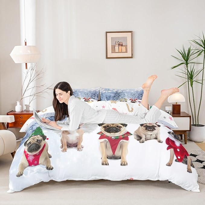 Dog Xmas Duvet Cover Cute Pug Dog Christmas Tree Style Bedding Set 3D Animal Comforter Cover for Boys Girls Children Teens Bedroom Decor White Blue Bedspread Cover Twin Size With 1 Pillow Case