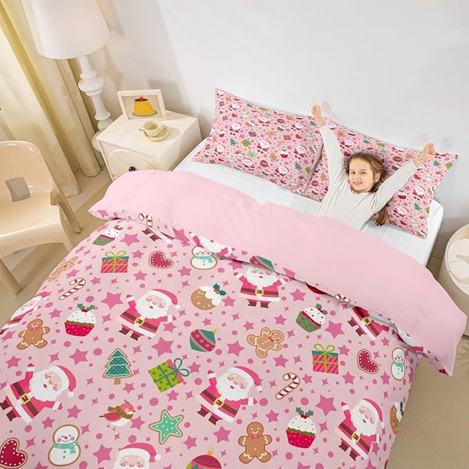 Feelyou Pink Christmas Duvet Cover King Size Cartoon Santa Claus Gingerbread Man Bedding Set for Boys Girls Snowman Xmas Decor Comforter Cover Reversible Pink Bedroom Decor 3Pcs