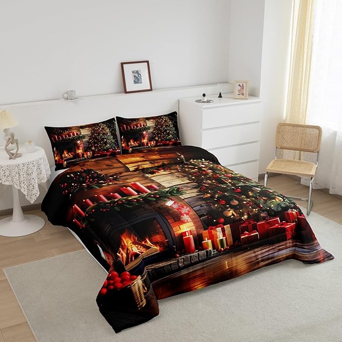 Merry Christmas Comforter Set King Size,3D Christmas Fireplace Christmas Tree Duvet Insert for Kids Boys Girls Room Decor,Xmas Theme Bedding Set 3Pcs,Retro Wooden Stripes Quilt Set,2 Pillowcases