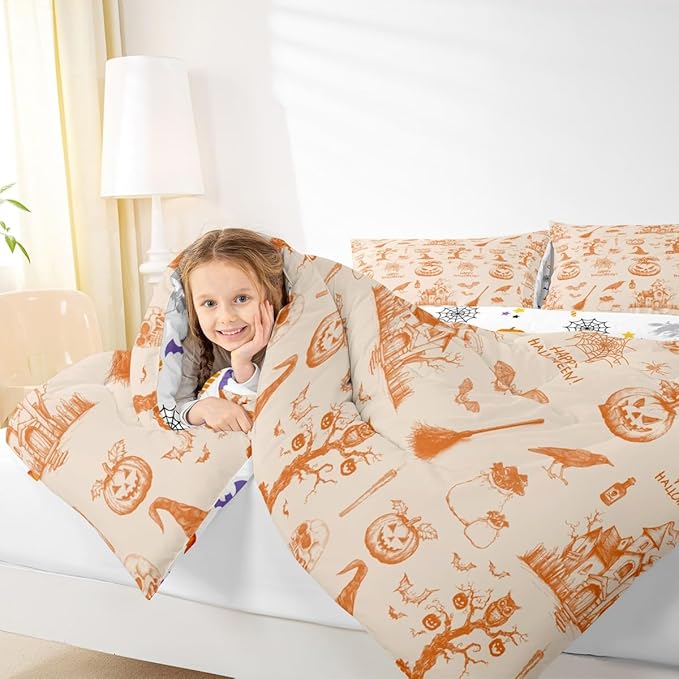 Erosebridal Halloween Bedding Set Orange Pumpkin Bat Comforter Set King Size,Vintage Halloween Decor Quilt for Kids Boys Girls Adults Happy Festival Themed Duvet Insert