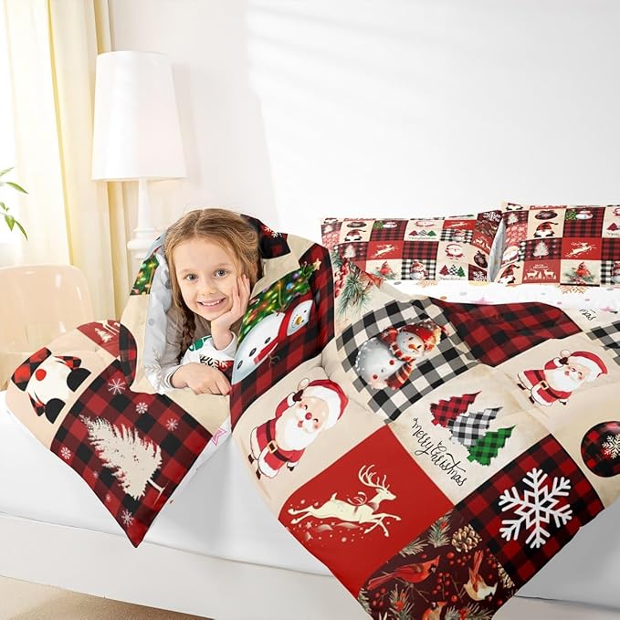 Christmas Comforter Set King Size,Red Plaid Holiday Design Bedding Set 3pcs,Snowman Santa Claus New Year Patchwork Down Comforter for All Season, Kids Boys Girls Room Decor,2 Pillowcases,No Sheets