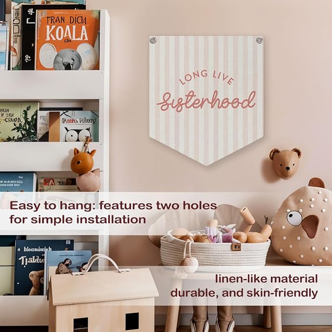 Lacama Girl Room Decor, Long Live Sisterhood Linen Banner Hanging Flag Retro Pink Banner for Nursery Playroom Wall Decor for Kids Bedroom Dorm Toddler Decorations Trendy Room Decor 12.4x14 in