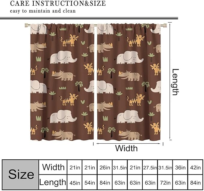 Jungle Safari Animals Blackout Curtains Cartoon Tropical Forest Animals Elephant Tiger Brown Art Print for Kids Boys Bedroom Nursery Rod Pocket Decoration Window Drapes 2 Panels W26xL84in