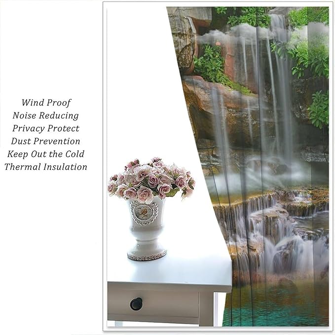 Waterfall Blackout Window Curtains, Rocky Waterfall to Pond Running Off Scenic Nature Themed Picture Print Window Drapes, for Living Room Bedroom 63x72in 2 Panels