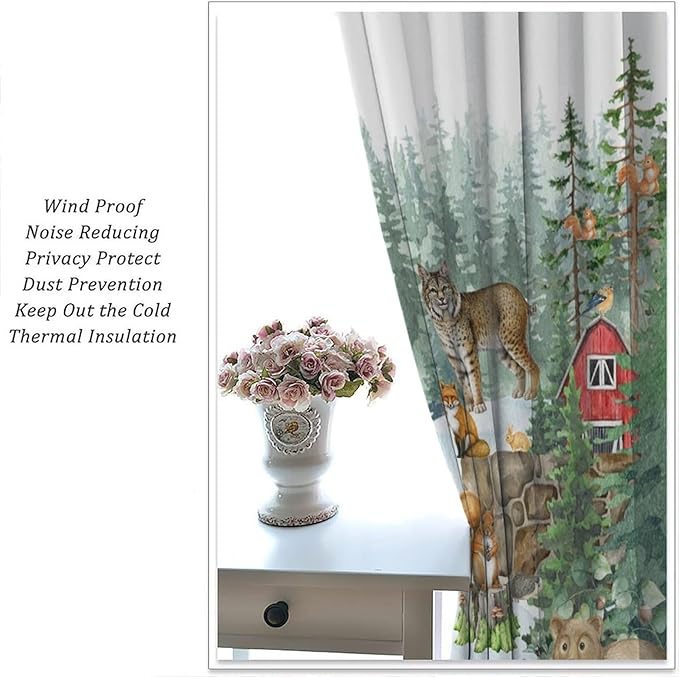 Woodland Animal Curtains, Watercolor Squirrel Hare Bear Bird Pattern Blackout Window Treatments, Rod Pocket Thermal Insulated Drapes 2 Panel Sets for Kids Bedroom Nursery Classroom, 42" W X 45" L