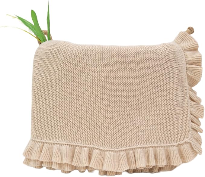 Cotton Baby Blanket with Ruffle Edge Soft Breathable Newborn Blanket for Boys & Girls, Lightweight Knit Throw for Crib, Stroller & Nursery Multiple Colors Available Cream 30x30