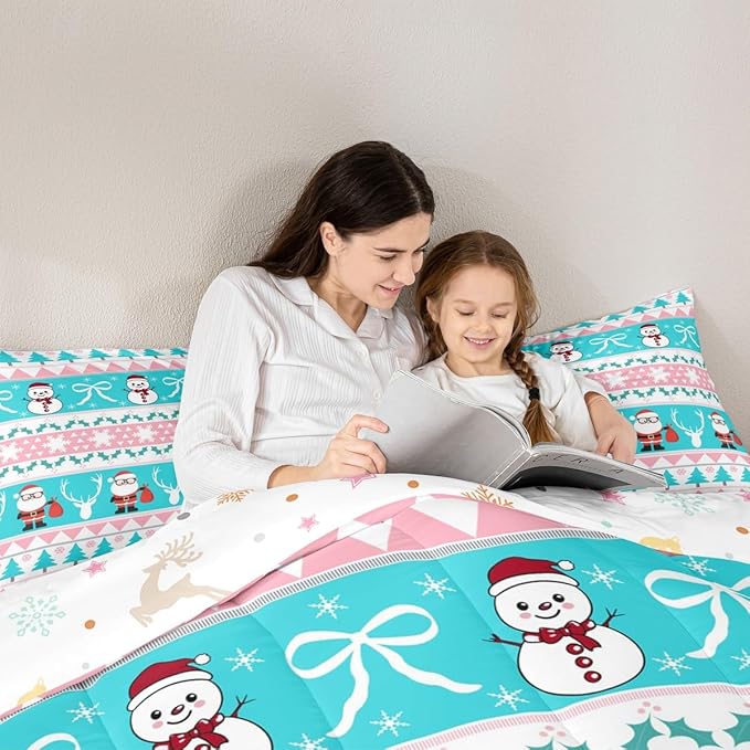 Feelyou Merry Christmas Tree Bedding Set Soft for Boys Girls, Cute Snowman Comforter Set Twin Size Santa Claus Duvet Quilt Microfiber Cartoon Bowknot Bedroom Decor 2 Pcs with 1 Pillow Cases