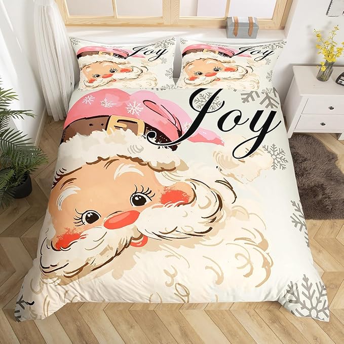 jejeloiu Pink Christmas Bedding Set for Kids Boys Girls Santa Claus Comforter Cover Set King Size New Year Decor Duvet Cover Bedroom Decor Xmas Bedspread Cover Bedding Collection 3Pcs