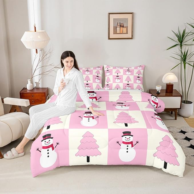 Feelyou Pink Christmas Kids Comforter Set Queen Size Snowman Bedding Set Xmas Tree Duvet Quilt for Kids Boys Girls Bedroom Decor Microfiber Ultra Soft Breathable