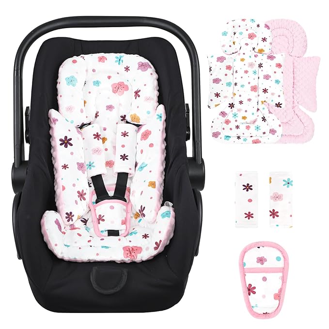 Infant Car Seat Insert with 3 Strap Covers, 3 in 1 Reversible Floral Baby Car Seat Head Support for Newborn, Baby Girl Newborn Essentials for Preemie to Infant, Stroller, Swing, Bouncer (Pink)