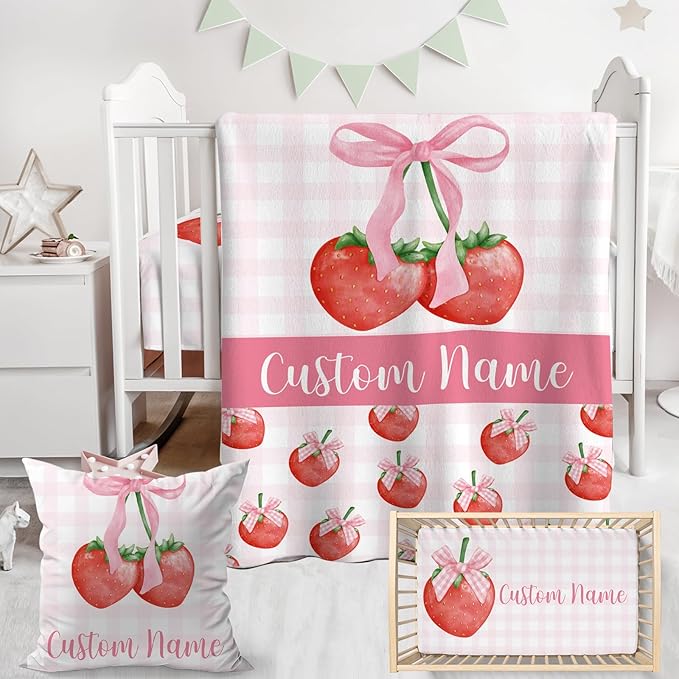 Personalized Baby Crib Bedding Set,3 Piece Custom Name Nursery Set with Blanket, Fitted Sheet & Pillowcase for Baby Girls & Boys, Strawberry Bow Theme(Fixed Size)