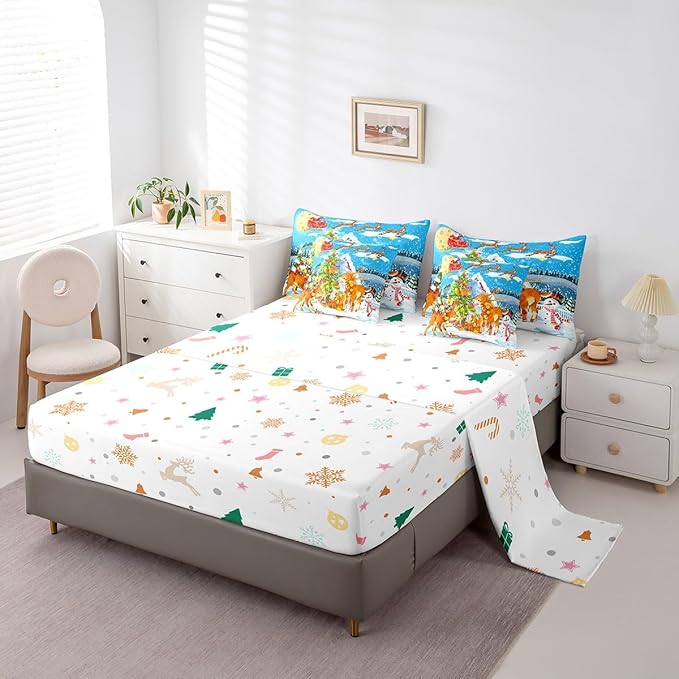 Christmas Decorations Bed in a Bag Xmas Deer Pine Tree Bed Set for Kids Boys Girls Merry Christmas Comforter Set with Sheets Winter Festival Present Bedding Set Bedding King Size