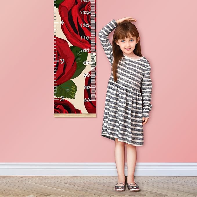 Personalized Kids Name Growth Chart Ruler for Wall Wood Frame Height Measure Chart 13.4x56 in Linen Hanging Height Growth Chart Vintage Red Rose Kids Room Decor