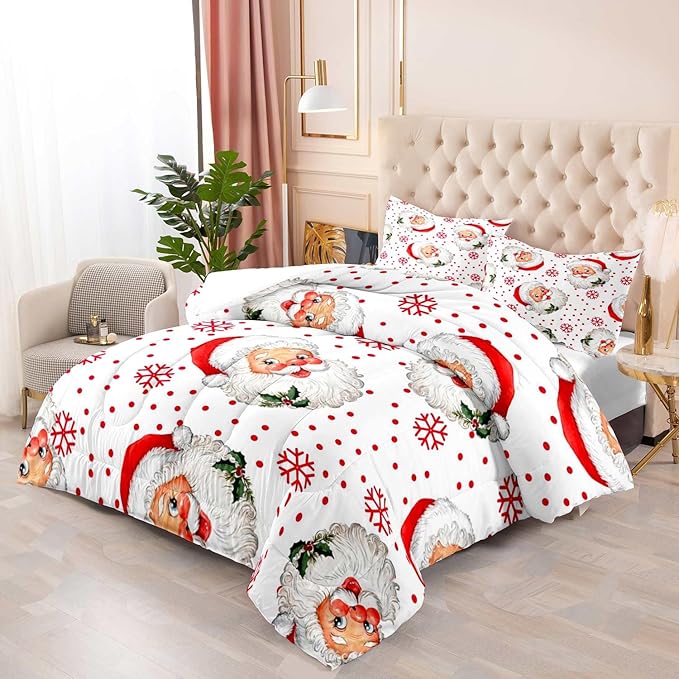 LUVIVIHOME 2PCS Merry Christmas Comforter Set Twin Size, Red Snowflake Funny Santa Claus Bedding, Christmas Bedroom Decor, Soft Breathable Microfiber White Quilt, Xmas Gifts, 1 Pillow Sham