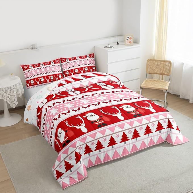 Feelyou Merry Christmas Tree Kids Comforter Set Full Size Cute Snowman Bedding Set Santa Claus Duvet Quilt for Kids Boys Girls Bedroom Cartoon Bowknot Decor Microfiber Ultra Soft Breathable