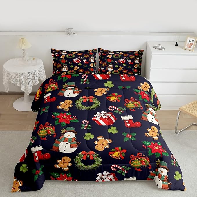 jejeloiu Merry Christmas Comforter Set Twin Size Cute Snowman Bedding Set for Kids Boys Girls Gingerbread Man Duvet Quilt Dark Blue Bedroom Decor