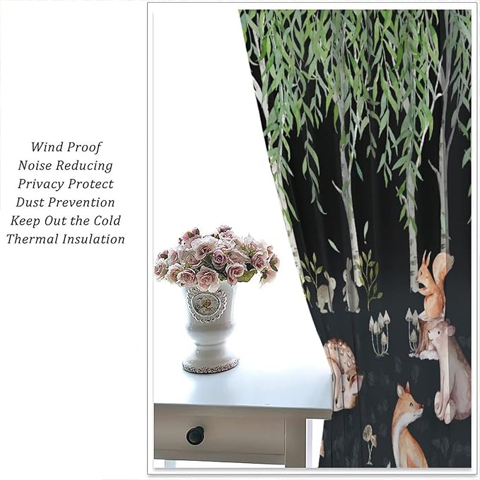 Forest Animal Curtains, Watercolor Cartoon Woodland Plants Animals Bears Moose Mushrooms Printed Curtains for Kids Boys and Girls Bedroom Window Drapes 84x84in