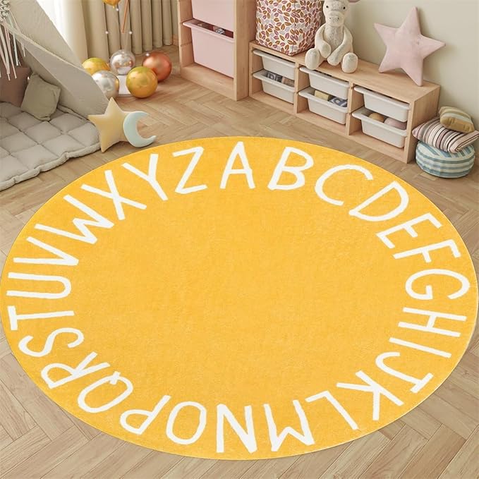 4ft Kids Circle Rug,ABC Rugs for Kids Playroom,Colored Alphabet Nursery Area Rug, Non-Slip Mat, Carpet Suitable Modern Home Decoration for Living Room Machine Washable Rugs, Anti-Slip Easy Clean