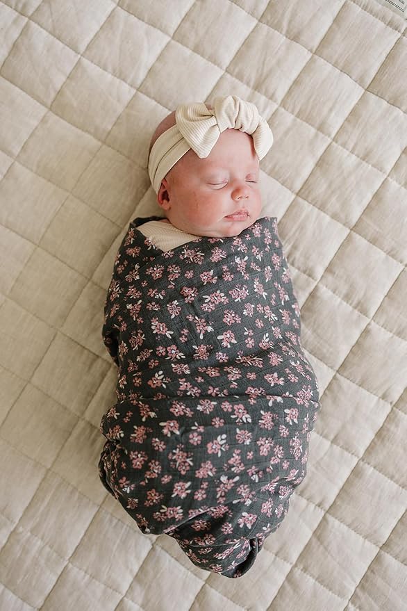 Mebie Baby Olive Bloom Muslin Swaddle, Modern and Neutral Blanket for Baby Girl or Boy, 0-3 Month, Comfy Wrap