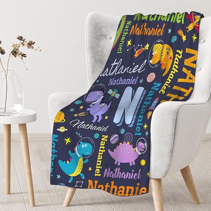Dinosaur Lover Astronaut Personalized Blanket with Name Custom Dinosaur with Name Flannel Blanket Soft Throw Meaningful Gift for Toddlers Girls Boys Kids Pets 60 * 50" M for Teen