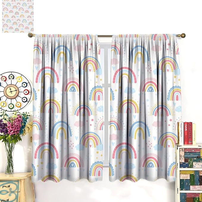 Kids Rainbow Curtains Boho Cartoon Colorful Stars Love Heart Lovely Abstract Art Pattern Print Window Drapes for Girl Bedroom Living Room Kitchen Decor,2 Panel Set,63Wx63H Inch Blackout
