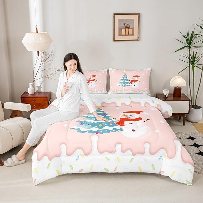 Castle Fairy Cartoon Christmas Full Size Comforter Set,Xmas Cute Snowman Pine Trees Bedding Comforters Bedroom Collection,Pink Cream Candy Girly Funny Bedding Set for Girls Teens