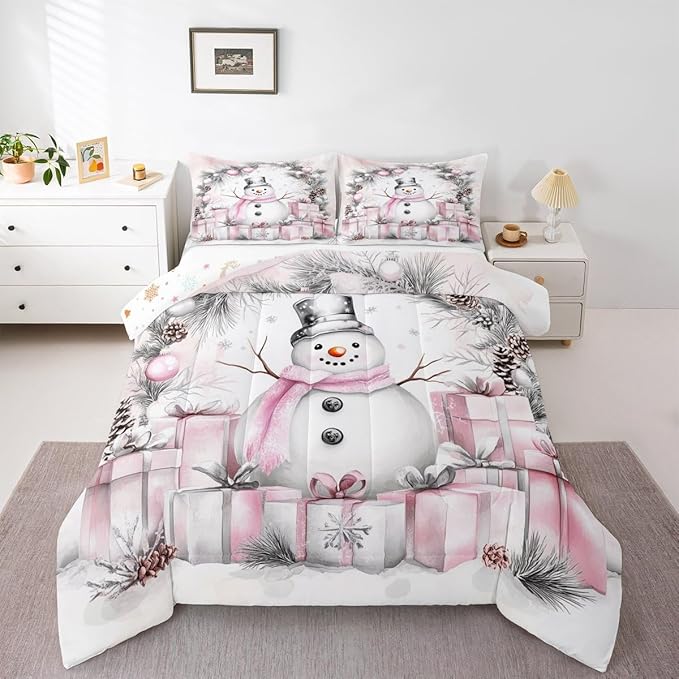 Feelyou Merry Christmas Comforter Set All Season Cute Snowman Bedding Set with 2 Pillow Cases Microfiber Kids Full Bedclothes Snowflake Bedroom Decor Duvet Quilt Breathable Soft
