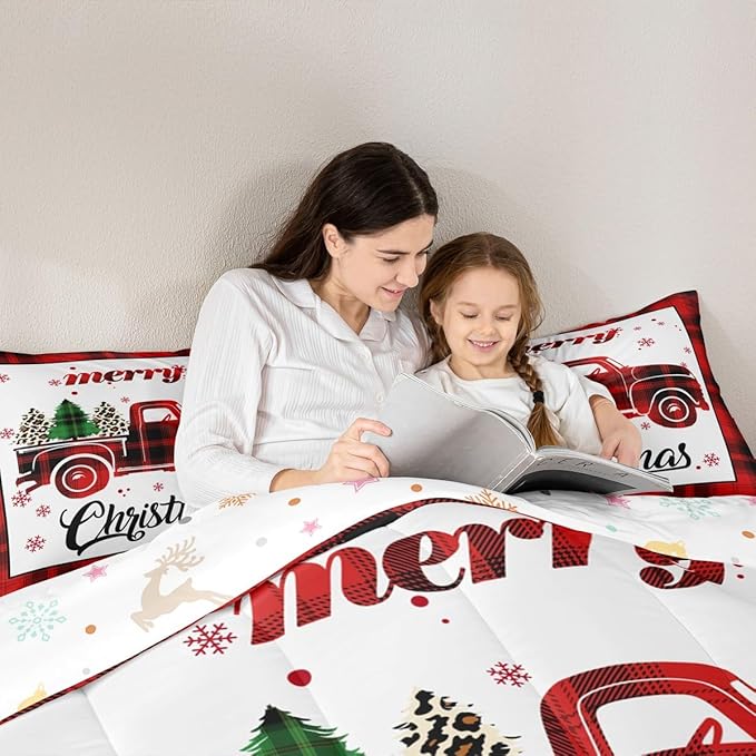 Manfei Xmas Truck Comforter Set Full Size, Christmas Tree Snowflake Print Bedding Set 3pcs for Kids Boys Girls Bedroom Decor, New Year Theme Red Plaid Print Quilt Set with 2 Pillowcases