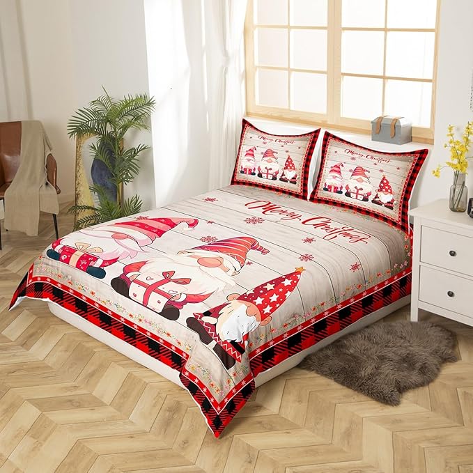 Xmas Gnomes Duvet Cover Set Queen Size, Rustic Wooden Red Plaid Christmas Comforter Cover with 2 Pillowcases, New Year Theme Bedding Set 3pcs for Kids Boy Lightweight Bedspread Cover,No Comforter