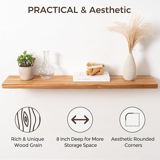 Fun Memories 72 Inch Floating Shelves for Wall, Rustic Solid Elm Wood Shelves for Home Decor, 8 Inch Deep Floating Shelf Wall-Mounted, Heavy-Duty Storage Shelf for Living Room, Bedroom, Kitchen