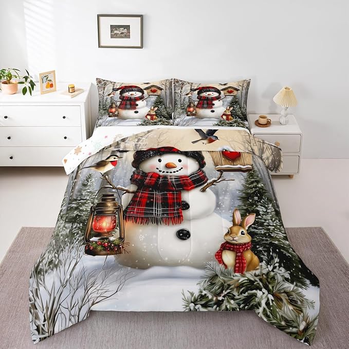 Kawaii Snowman Girls Bedding Set Twin Size,Rabbit Bird Winter Poinsettia Comforter Set,Pine Tree Xmas Animal Snowflake Quilt Comforter Girls Boys Teens,Gray Green Room Decor All Season,1 Pillowcase