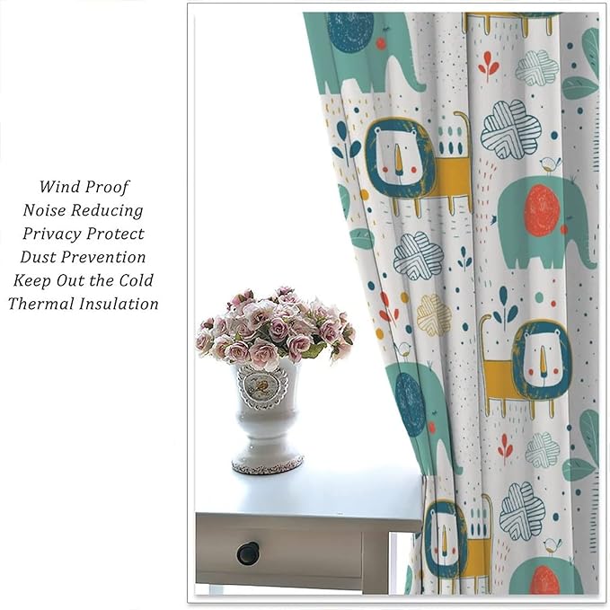 Cute Lions Blackout Curtains for Kids Bedroom,Cartoon Tropical Plants Birds Elephants Print Pattern Window Drapes,Funny Animal Thermal Insulation Curtain for Nursery Baby Room 55x63in