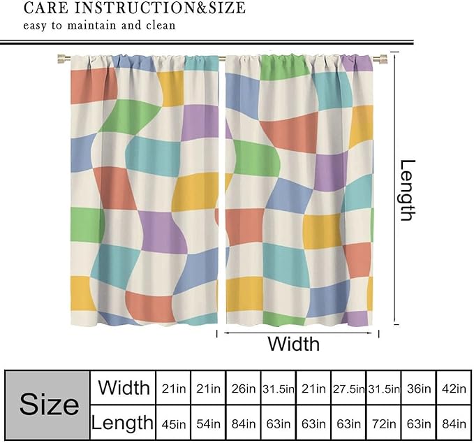 Checkered Curtains,70s Vintage Twisted Checkered Window Drapes Colorful Groovy Trendy Wavy Hippie Grid Print Window Treatments for Kids Girls Bedroom Living Room Bathroom 42" W X 63" L