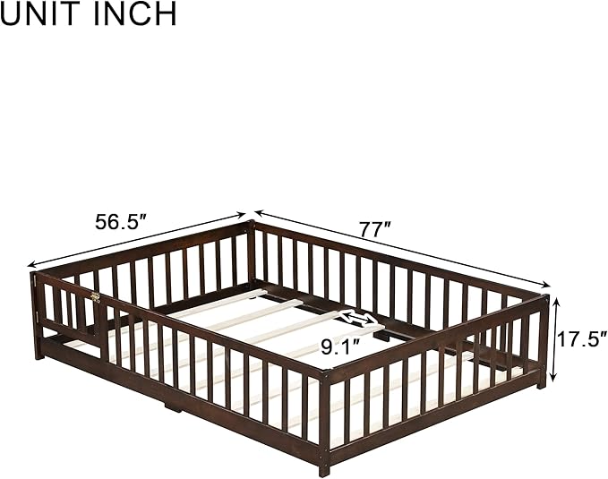 Bellemave Full Size Floor Bed for Kids, Girls, Boys, Rubber Wood Floor Bed with slats and Door, Espresso