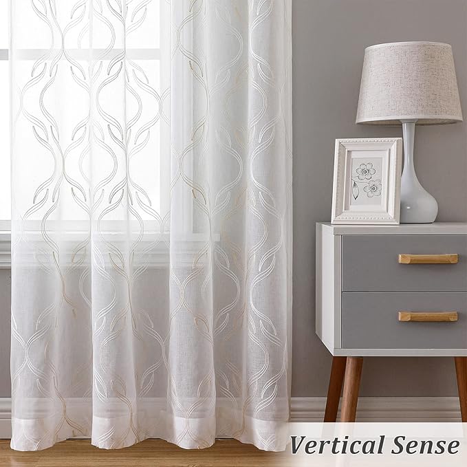 VISIONTEX Sheer Curtains 95 Inches Long 2 Panels Set, Beige and Ivory Moroccan Embroidery Texture Geometric Rod Pocket White Voile Tulle Semi Window Treatment Pair for Bedroom, W54 x L95
