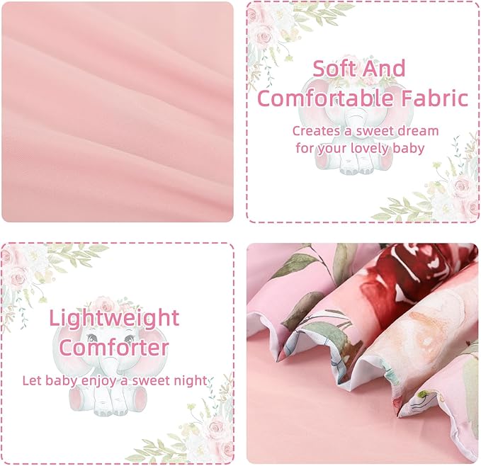 Toddler Bedding Set for Girls, Kids Comforter Set Pink Reversible, Ultra Soft & Lightweight Crid Bedding Set Includes Comforter, Flat Sheet, Fitted Sheet, Pillowcase (Elephant)