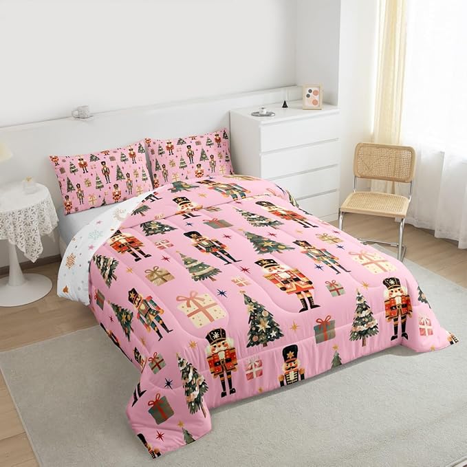 jejeloiu Xmas Nutcracker Comforter Set Toddler Size Christmas Pink Bedding Set for Kids Boys Girls Cute Snowflakes Duvet Quilt Bedroom Decor