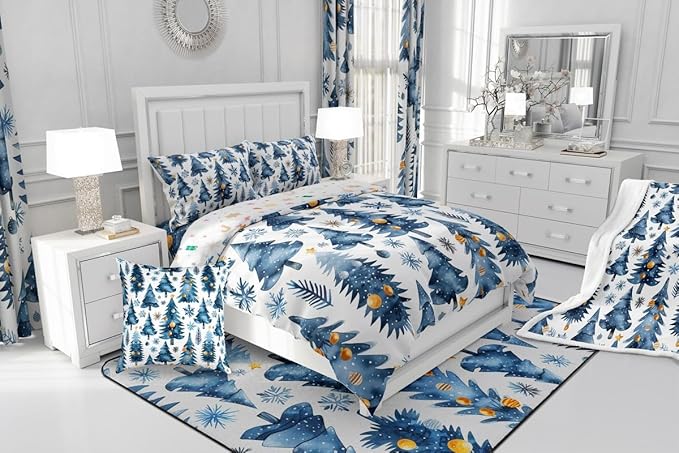 Feelyou Christmas Kids Comforter Set King Size Xmas Tree Bedding Set Snowflake Duvet Quilt for Kids Boys Girls Bedroom Watercolor Blue Decor Microfiber Ultra Soft Breathable
