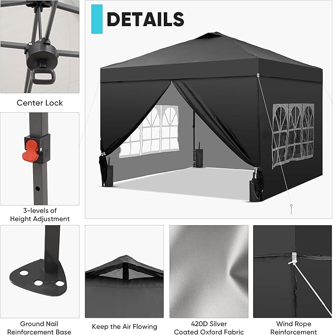 GDY 10x10 Pop Up Canopy Tent with 4 Sidewalls, Easy Set up with One Push Lift Outdoor Silver Coated Beach Gazebos, Carpas with 4 Sandbags, for Pool, Events, Parties, and Camping, Black.