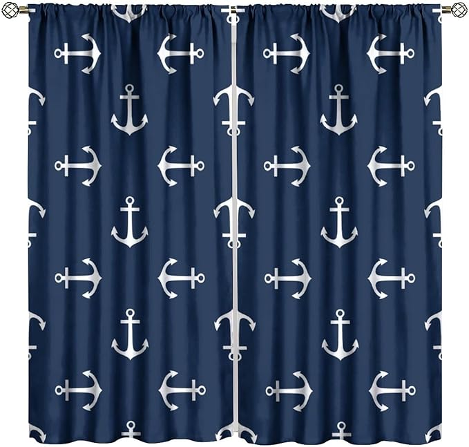 Nautical Curtains,MarineThemed Oceanic Anchor Pattern Blackout Print Home Bedroom Living Room Window Treatments 2 Panel Set 55x63 Inch