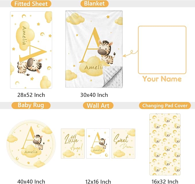 Personalized Baby Crib Bedding Set, 5 Pcs Custom Name Nursery Bedding Set, Yellow Zebra Baby Bedding Set for Girls Boys, Double Layer Crib Sets, Customized Gifts for Toddler Infant New Parents