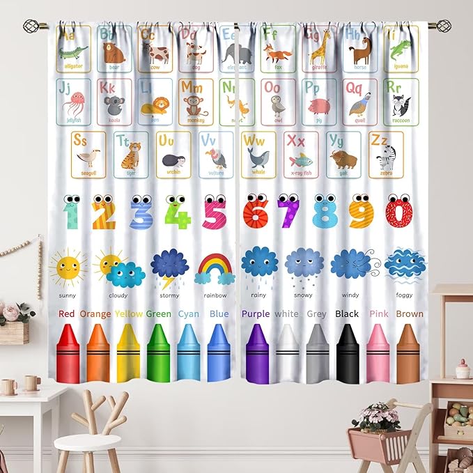 Kids Alphabet Curtains Cartoon Animal Funny Learning Colorful Educational Nursery Curtain with Rod Pocket for Bedroom Classroom Decor Drapes Window Treatments 2 Panels Set 72" W X 63" L