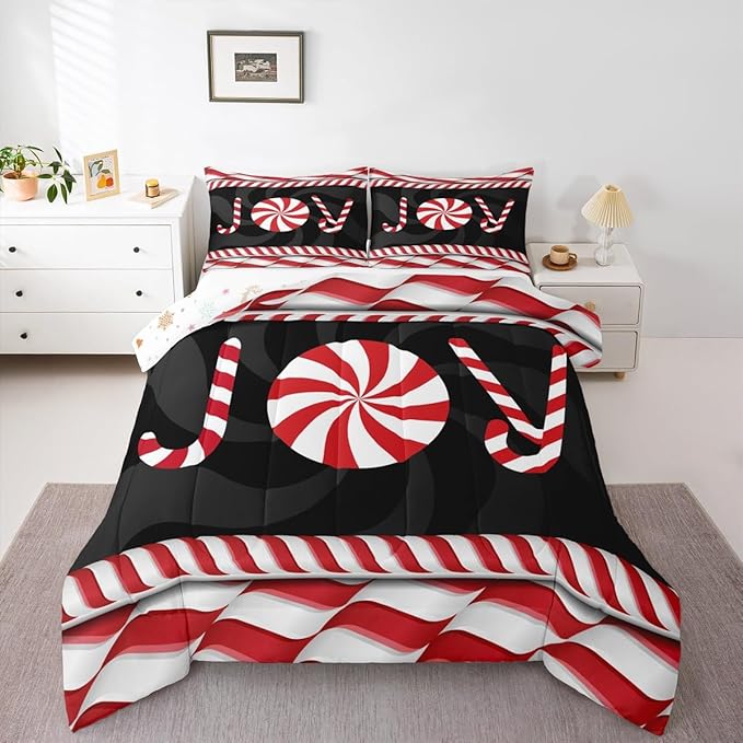 Kids Merry Christmas Comforter Set Queen Size,Holiday Joy Sweet Candies Bedding,Girls Boys Adults Bedroom/Xmas Cabin Decor,Wave Geometric Retro Down Comforter,Red Black Duvet Insert,2 Pillowcases