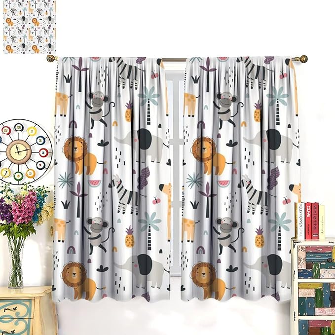 Cute Cartoon Animals Curtains Tropical Jungle Animals Elephant Giraffe Monkey Lion Modern Abstract Aesthetics for Kids Boys Bedroom Nursery Rod Pocket Decoration Window Drapes 2 Panels W36xL63in