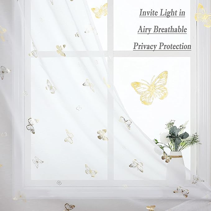 Jubilantex Butterfly White Sheer Curtain Panels for Kids Nursery Girl, Gold Print Toddler Linen Textured Voile Rustic Rod Pocket Drapes 84 Inch for Farmhouse, Living Room, Bedroom, 2 Panels