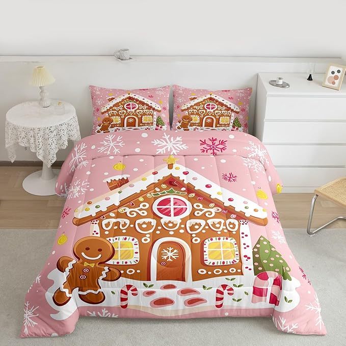 Feelyou Christmas Gingerbread Bedding Set Soft for Boys Girls,Gingerbread House Comforter Set Full Size Winter Holiday Decor Duvet Quilt Cute Snowflake Room Decor Pink Decor 3 Pcs with 2 Pillow Cases