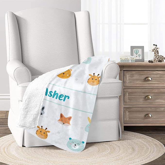 Cute Animal Rabbit Fox Personalized Receiving Sherpa Fleece Baby Blankets for Girls Boys Kids, Swaddle Blankets Gift for Newborn Crib Infants 30x40 Inches